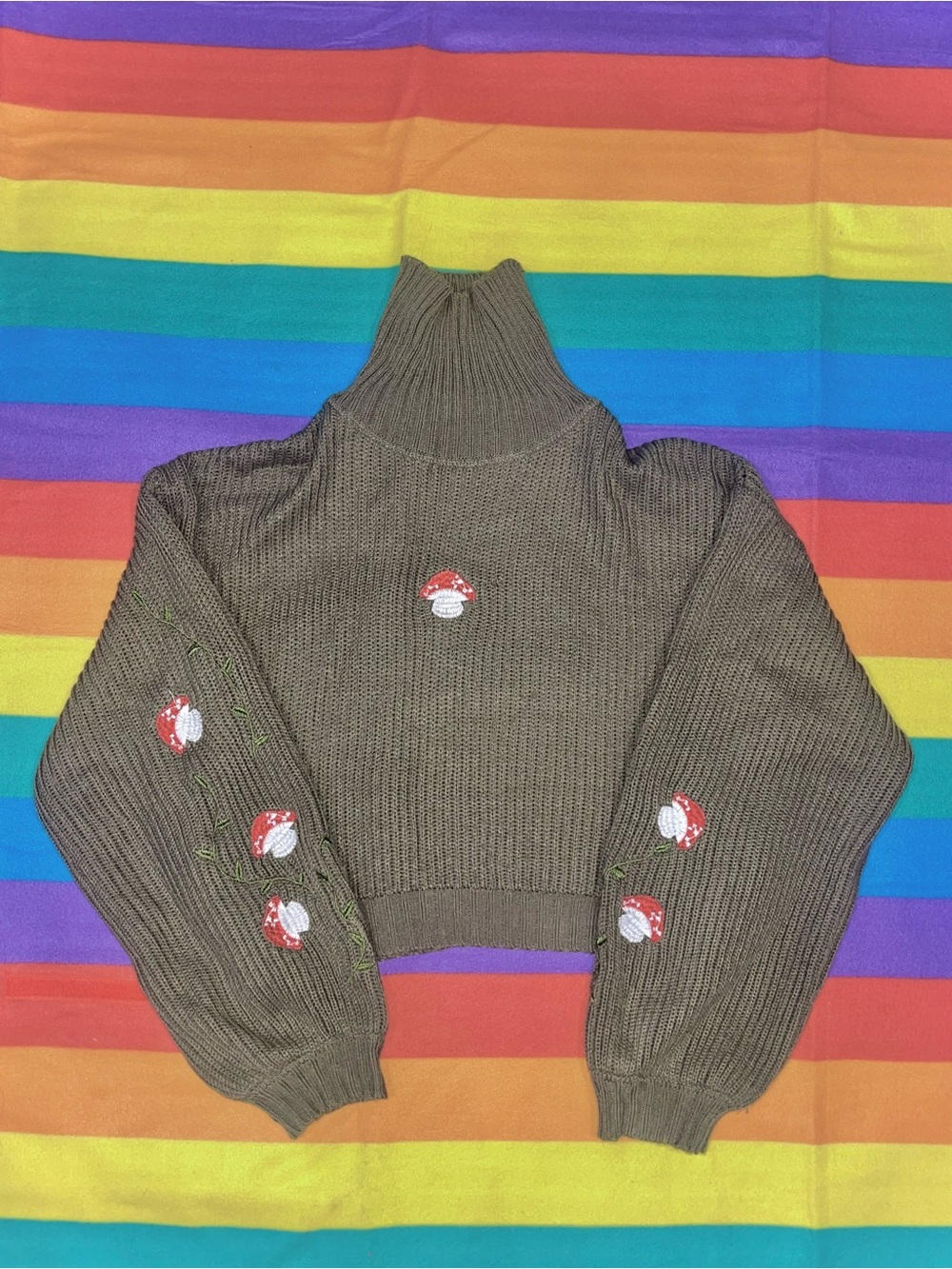 ROMWE Olive Green Ribbed Turtleneck Crop Sweater w/ Red Mushroom Embroidery